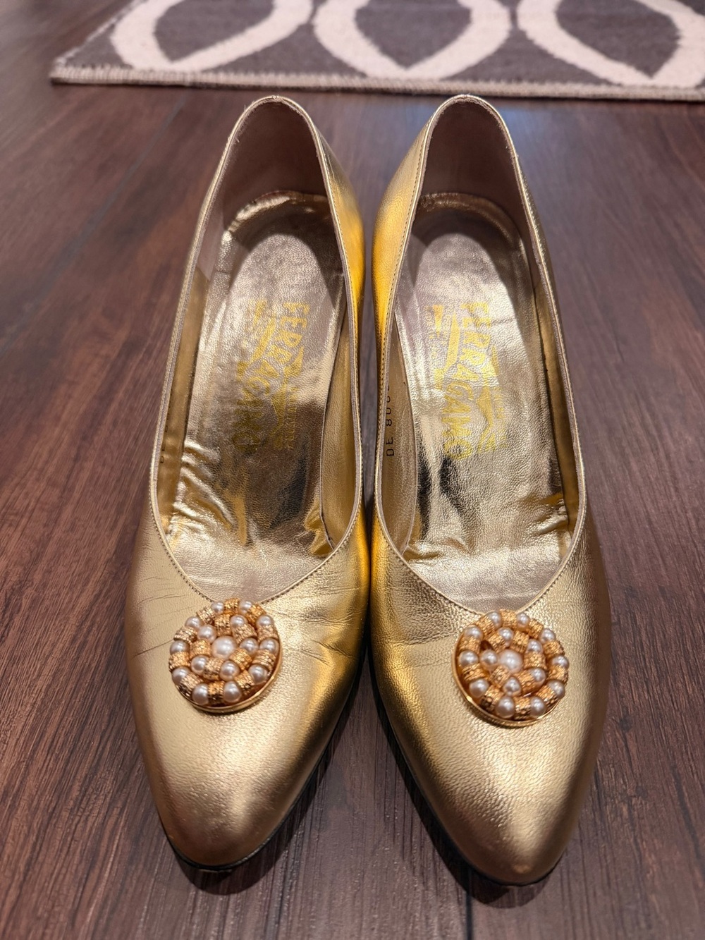 Salvatore Ferragamo Gold Pearl-Embellished Pumps